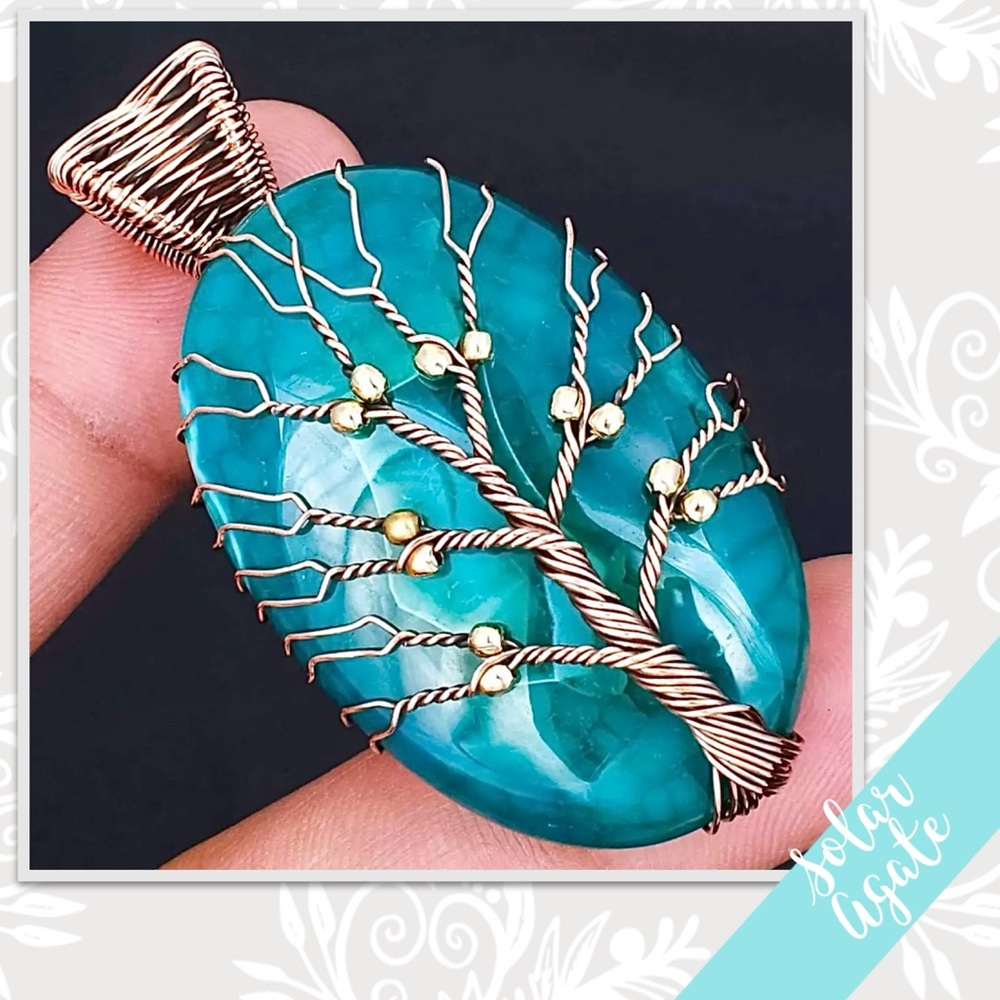 Solar Agate Copper Wire-Wrap Tree of Life Artisan Pendant 2.4” (Teal Blue-Green)